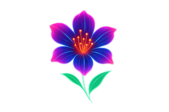 Glowing neon flower displaying vibrant blue and purple petals with shimmering pink highlights and orange stamens