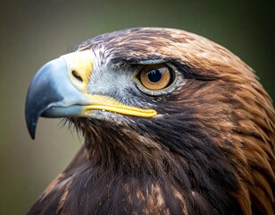 Fototapeta premium Close-up of a golden eagle's head, showing detail of eye, beak, and feathers. A powerful bird of prey in profile