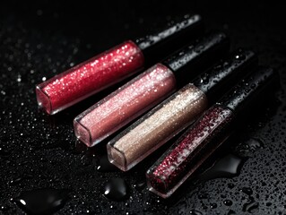 Four Shimmering Lip Gloss Tubes with Glitter on Dark Wet Surface Reflecting Light Cosmetic Product