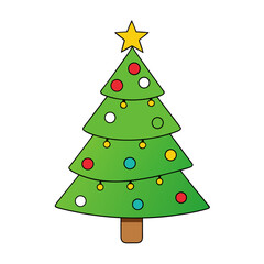 A festive cartoon christmas tree adorned with colorful ornaments and a star silhouette isolated on white background