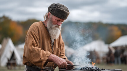 Craftsman forging metal. Historic reenactment scene with a blacksmith working with fire. Good for history, heritage, and manual labor themes.