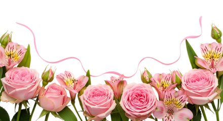 Pink roses and alstroemeria flowers with pink ribbon isolated on transparent background