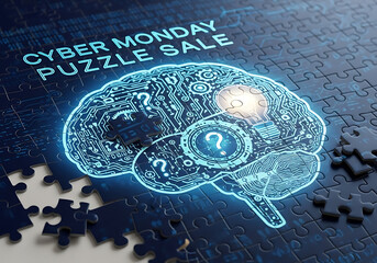 Cyber monday puzzle sale concept with a glowing brain made of circuits and a question mark, on a dark background with puzzle pieces