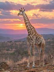 Obraz premium A giraffe gracefully stands on a rocky terrain as the sun sets, painting the sky with warm colors over a tranquil African savanna.