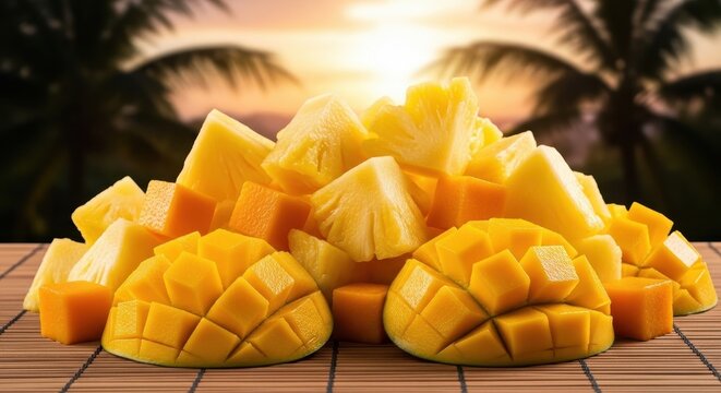 A CloseUp View of Freshly Cut Pineapple and Mango on a Wooden Surface