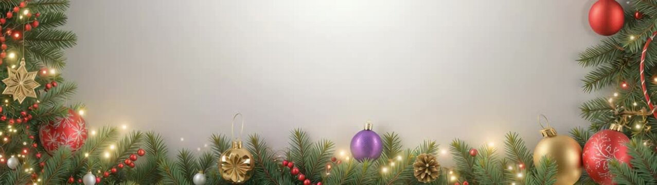 Christmas fir tree branches decorating blank background with glowing lights and colorful ornaments.