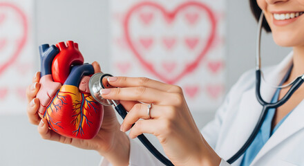 A smiling doctor holding a heart model and stethoscope in a medical setting, promoting cardiovascular health and awareness