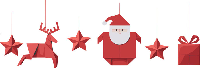 Origami Christmas decorations, festive holiday icons, paper art reindeer Santa gift box, modern geometric seasonal design, decorative Christmas illustration set