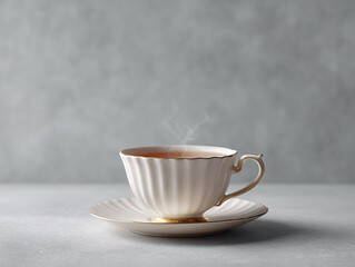 Fototapeta premium Elegant teacup filled with hot beverage, gently steaming, perfect for conveying relaxation and comfort. Use for wellness, lifestyle, or hospitality themes.