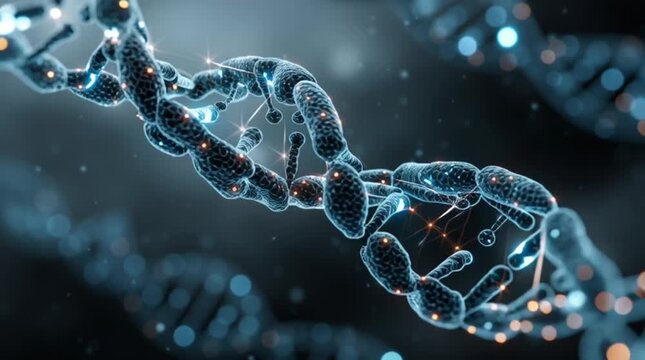 a close-up, abstract representation of a double helix DNA strand. The image has a blue and black color scheme with a futuristic feel 