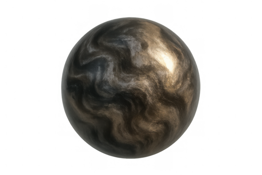 Abstract liquid metal sphere creating swirling texture on dark futuristic orb, transparent background