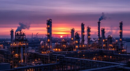 Fototapeta premium Industrial Refinery Complex at Sunset with Illuminated Structures