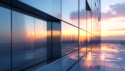 Close-up architectural detail with chrome metallic facade, reflective surfaces, ambient twilight, high definition, interplay of light and shadow, subtle futuristic touche