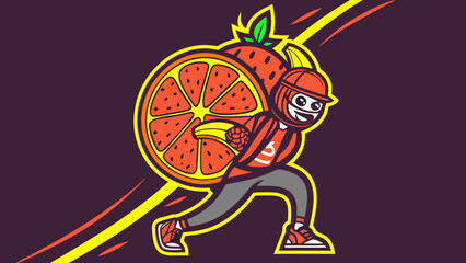 Energetic Cartoon Character Carrying a Huge Citrus Slice