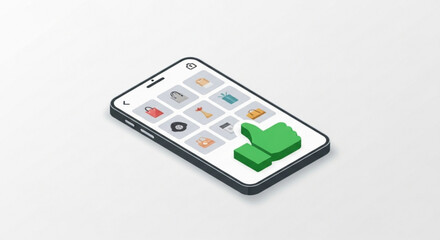 Isometric smartphone showcasing online shopping with a thumbs up, representing positive customer feedback and satisfaction