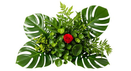 Butterfly shaped arrangement of tropical green leaves and a single red rose isolated on transparent background