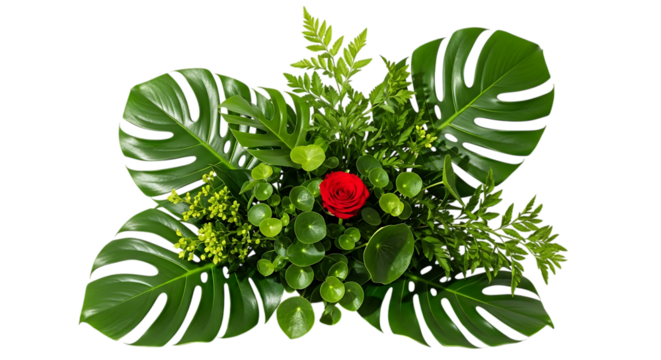Butterfly shaped arrangement of tropical green leaves and a single red rose isolated on transparent background - Powered by Adobe