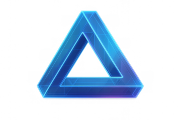 Penrose triangle structure creating an impossible object and optical illusion with glowing blue neon effect in abstract futuristic design