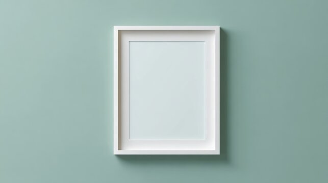 Blank white frame centered on light green wall, ready for artwork/photo