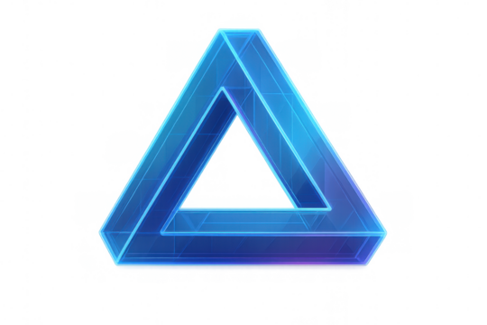 Penrose triangle structure creating an impossible object and optical illusion with glowing blue neon effect in abstract futuristic design