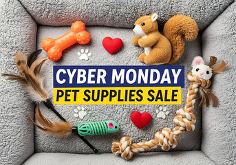 Cyber monday pet supplies sale with toys and treats arranged in a pet bed, promoting discounts on animal products for online shopping events