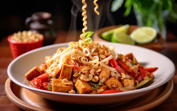 Closeup Of Tofu Pad Thai With Rice Noodles Lifted Chopsticks Tossed With Peanuts Chili Bean Sprouts And Lime On Wooden Table