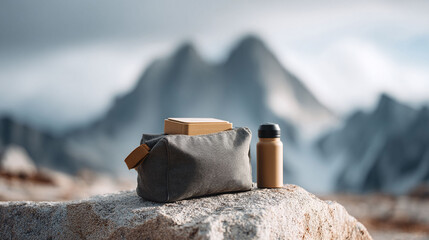 Elevated essentials. A stylish pouch, container and bottle sit atop a rock, set against a majestic mountain backdrop. Ideal for travel, adventure, and outdoor lifestyle themes.