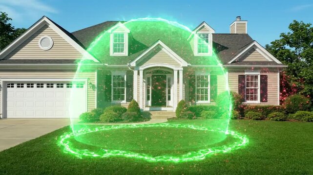 A suburban house is enveloped in a glowing green shield
