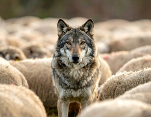 Obraz premium Close-up of a gray wolf with piercing eyes, amidst a blurred background of sheep, looking directly towards the viewer in a field setting