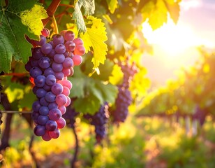 Fototapeta premium Close-up of a bunch of purple grapes hanging from a vine, illuminated by the sun's golden light. Focus is on grapes with blurred vineyard background
