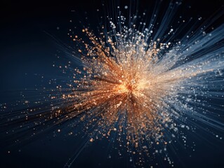Dynamic Burst of Orange and Blue Particles on a Dark Background, Representing a High-Energy Explosion or Scientific Data Visualization with Streaking Light Trails