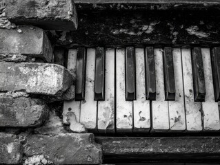 Black and white close-up of deeply distressed piano keys emerging from a weathered brick structure, highlighting extreme deterioration and abandonment