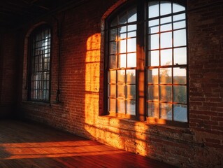 Warm sunlight streams through tall arched windows of an old brick building, casting long, dramatic shadows across the polished wooden floor, creating an inviting play of light and shadow