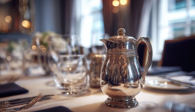 Polished silver tea pitcher on a table setting