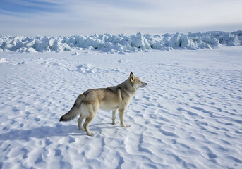 A majestic wolf stands alert in a vast, snowcovered landscape with a dramatic ice formation in the background under a clear blue sky