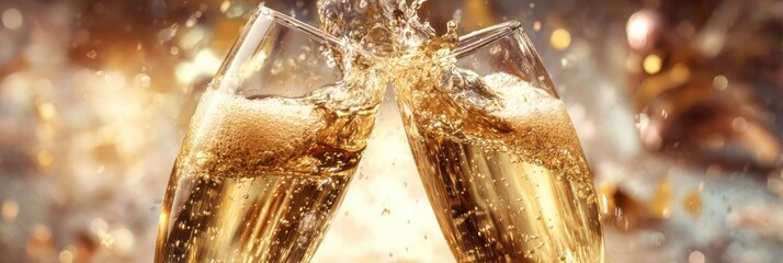 Two glasses clink together, champagne bubbling and splashing in a lively atmosphere filled with joy and festivity during a special occasion.
