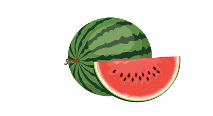 A juicy slice of watermelon sits beside a whole watermelon.