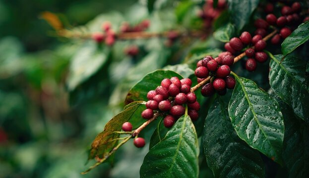Close-up of ripe coffee cherries on branches