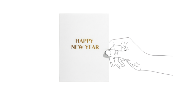 Wishing you a happy new year with elegant gold lettering presented by a simple outlined hand illustration.