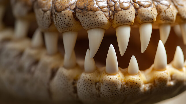 A close-up of a reptile's mouth, showcasing sharp, pointed teeth against textured skin. The neutral tones of the skin contrast with the teeth, creating a predatory image.