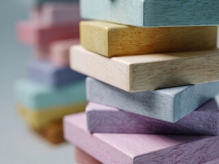 Pastel Colored Wooden Blocks Stacked Artfully Brightly Lit Close-Up Focus on Foreground Blocks Blurry Background Minimalist Design Wooden Toys Educational Play