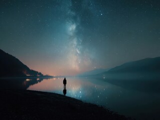Stargazing Lake View Silhouette Person Milky Way Galaxy Reflection Mountain Landscape Night Sky Tranquil Scene Discovery