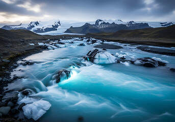 Glacial river with icebergs and snowcapped mountains under a dramatic cloudy sky, showing the raw beauty of icelands natural landscape