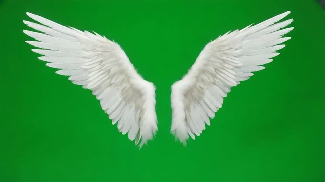 Pair of white angel wings on a green screen background
