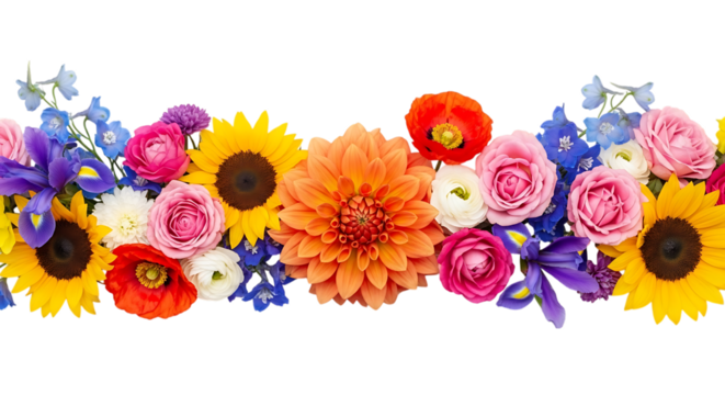 Colorful floral arrangement of sunflowers roses and dahlias isolated on transparent background