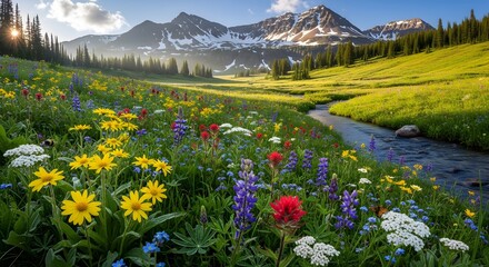 Fototapeta premium Mountain Meadow Wildflowers Stream Sunlight Scenic Landscape Summer Field Blooming Fresh Air