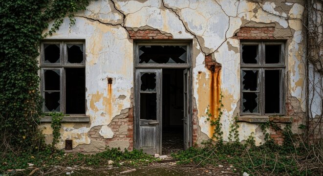 An old, abandoned building with peeling paint and broken windows.