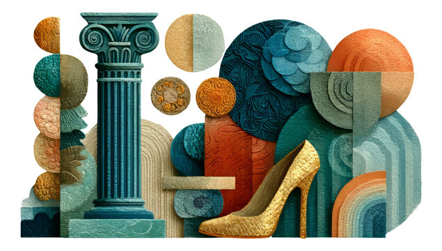 Elegant Composition of Textures and Shapes with a Golden High Heel and Architectural Elements