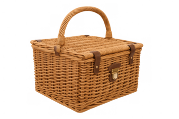 Wicker picnic basket with handle and latch, ready for outdoor dining and summer leisure activities