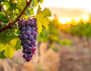 Fototapeta premium Close-up of a bunch of ripe, purple grapes hanging on a vine, bathed in the golden light of a setting sun